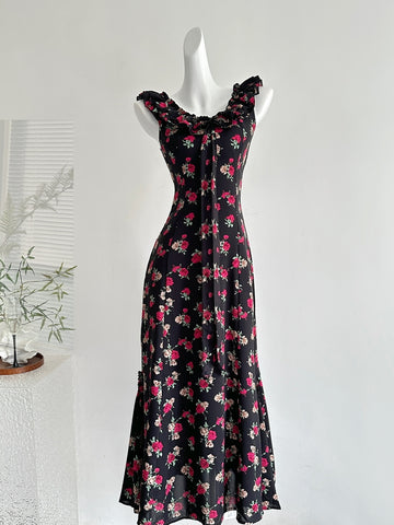 Ruffled Black Floral Print Maxi Dress