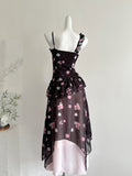 Ruffled Asymmetric Black Floral Print Dress