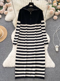 Zippered Collar Striped Knit Midi Dress