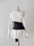 White One Shoulder Top  Black Wrap Belt