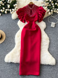 Pearl Embellishments High Neck Red Ruffled Sleeve Dress