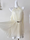 Pleated Cream Colored Halter Mini Dress