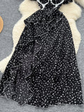 White Floral Print Ruffl Black Dress