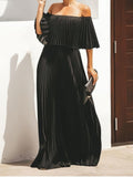 Summer Off Shoulder Pleats Chiffon Maxi Dress
