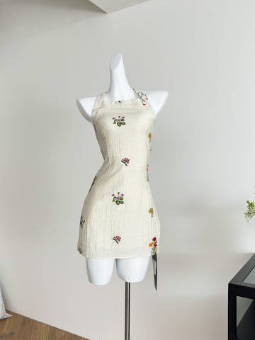 Colorful Floral Embroidery Halter Neck Mini Dress