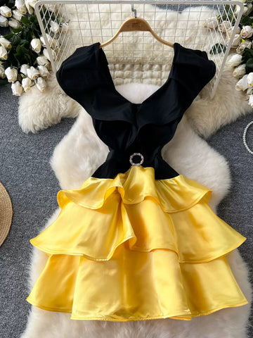 Black Ruffled Skirt Yellow Summer Dress