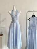 Elegant Light Blue Halter Neck Chiffon Midi Dress