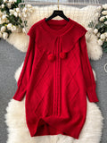 Playful Pom-Poms Red Cable Knit Dress