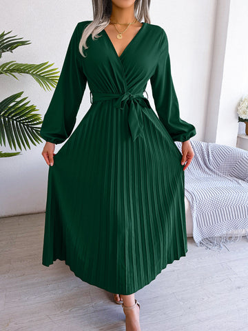 Emerald Elegance Pleated Midi Dress
