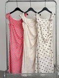 Asymmetric Ruffled Cream Polka Dot Midi Dress