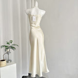 Subtle Cowl Neckline Ivory Satin Party Dress