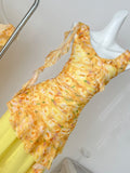 Yellow Floral Print Asymmetric Ruffled Dress