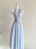 Elegant Light Blue Halter Neck Chiffon Midi Dress