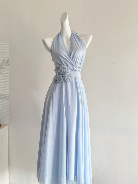 Elegant Light Blue Halter Neck Chiffon Midi Dress