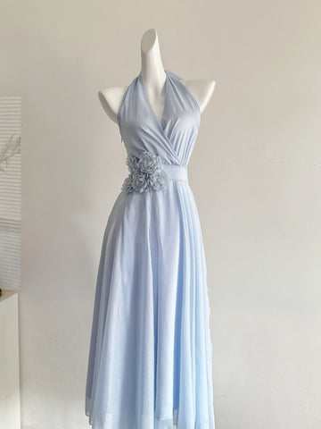 Elegant Light Blue Halter Neck Chiffon Midi Dress