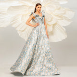 Ruffle Floral Jacquard Print Prom Dress