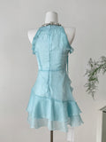 Chic Light Blue Halter Neck Ruffled Mini Dress