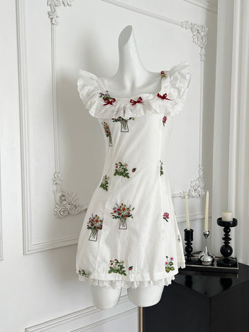 Adorable White Floral Embroidered Off Shoulder Dress