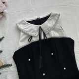 White Peter Pan Collar Pearl Embellishments Black Mini Dress