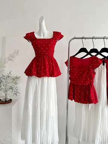 Red Polka Dot Peplum Top Pleated Maxi Skirt