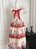 Red Bow Strawberry Printed Puff Sleeve Tiered Dress