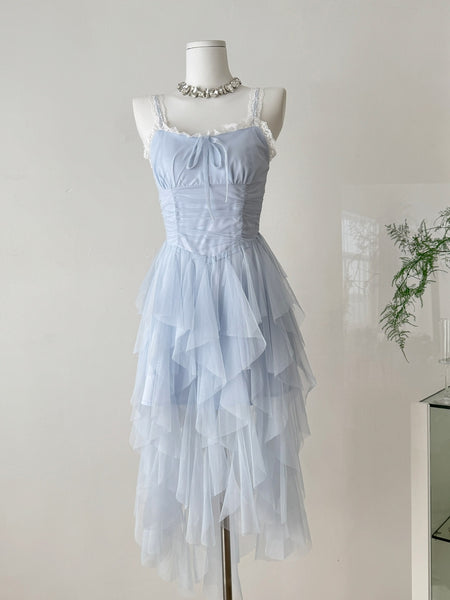 Lace  Light Blue Tiered Tulle Maxi Dress