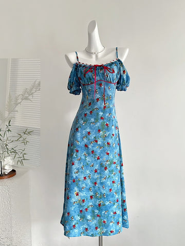 Charming Blue Floral Off Shoulder Midi Dress