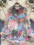 Floral Print Two-Piece Set Long Sleeve Top and Shorts