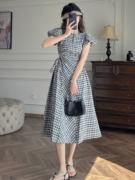 High-End Hollow Out Design Plaid Puff Sleeve Dress