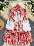 Puff Sleeves Elegant Floral Belt Dress