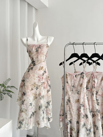 Delicate Bow Ethereal Floral Asymmetric Dress