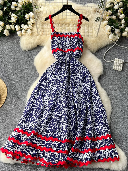 Red Ruffle Straps Animal Print Maxi Dress