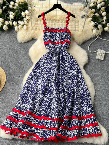 Red Ruffle Straps Animal Print Maxi Dress