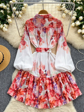 Puff Sleeves Elegant Floral Belt Dress