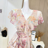 Ruffles V Neck Floral Print Short Mini Dress