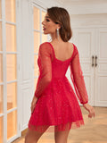 Ruby Red Glitter Sheer Sleeves Tulle Dress