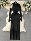 Black Gala-Ready Long Sleeve Dress