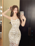 Sexy V-neck lace strapless slit slim skirt with suspenders