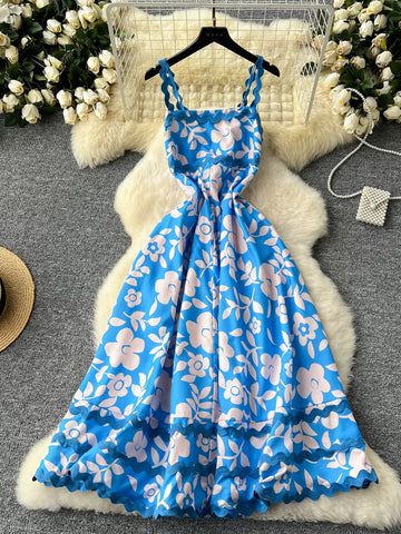Blue Ruffle Straps Whimsical Floral Print Maxi Dress