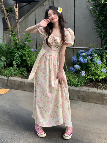 Verdant Blooms Poetic Puff-Sleeve Maxi Dress