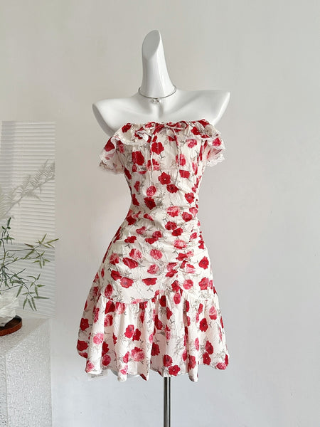 Romantic Off Shoulder Ruffled Floral Mini Dress