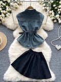 Effortless Style Denim Top Black Skirt Set