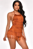 Shimmering Sway Fringed Halter Mini Dress