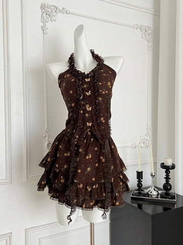 Ruffle & Lace Brown Two Piece Floral Halter Dress