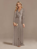 Navy V Neck Long Sleeve Waist Guest Prom Dress