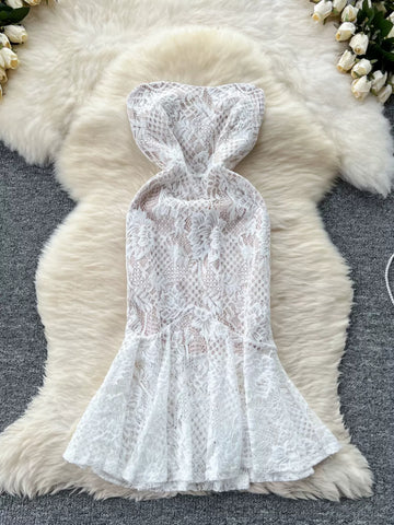 Flared Hem White Mini Lace Dress