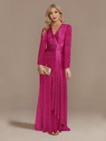 Navy V Neck Long Sleeve Waist Guest Prom Dress