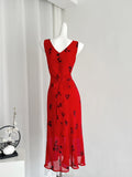 Delicate Floral Embellishments Flared Hem Red Maxi Dress
