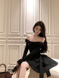 Stylish Off - the - Shoulder Black Mini Dress with Bow Detail