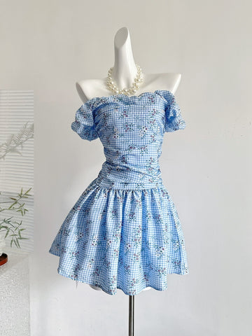 Puff Sleeves Off Shoulder Blue Mini Dress
